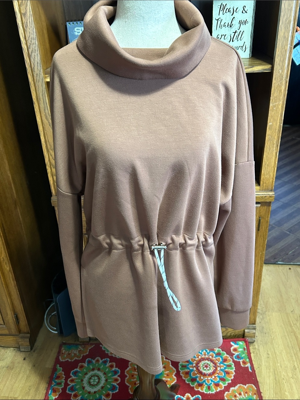Relaxed Cowl Neck Drawstring Tunic Sweatshirt - Brown Medium